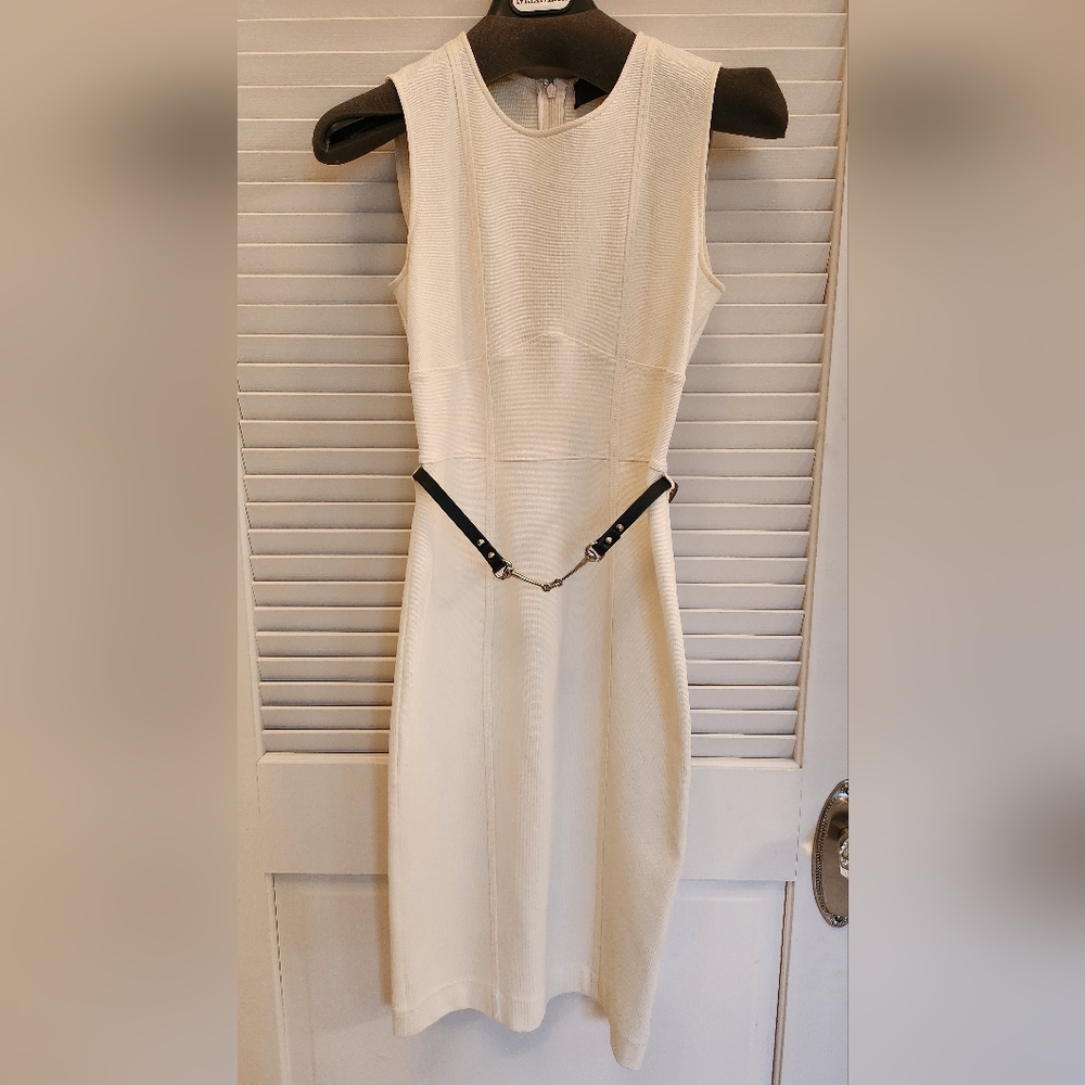 Gucci Ivory Midi Sheath dress with leather horsebit belt Small